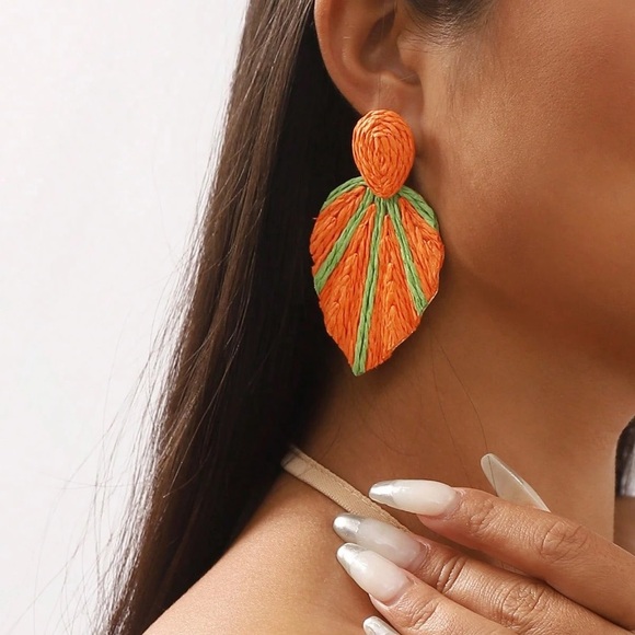 Jewelry - Large Orange Lime Green Rattan Leaf Earrings Statement Summer Beach Post Big